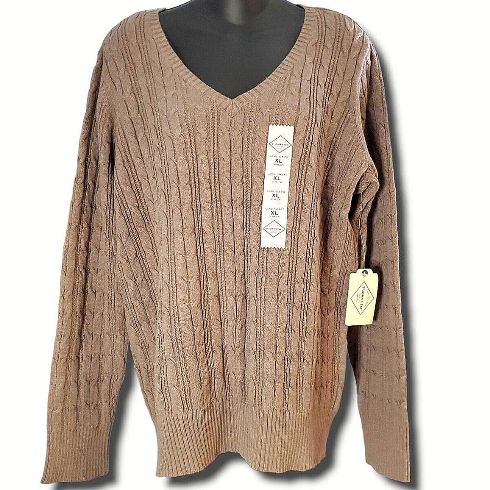St. John's Bay Womens V Neck Long Sleeve Pullover Sweater Mocha Heather XL